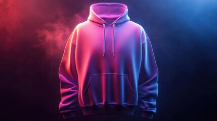 Hoodie Mockup with Neon Lights and Smoke, Modern Design for Fashion Branding, Minimalist Style