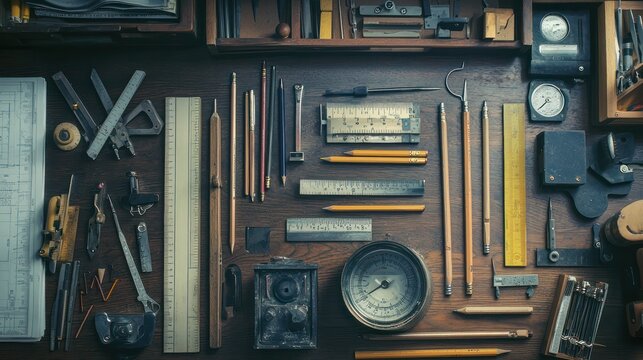 A collection of architect tools displayed on a desk, including rulers, scales, and drafting pencils