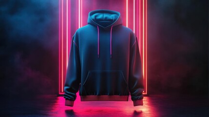 Neon Lights Hoodie Mockup with Vivid Colors and Smoke