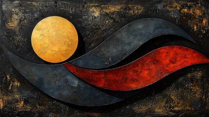 Obraz premium Abstract artwork featuring gold, red, and blue wave shapes against a dark textured background.