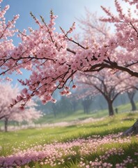 Fototapeta premium Soft pink cherry blossom petals fall gently from the branches of blooming trees in a springtime meadow, blooming trees, flowers, nature