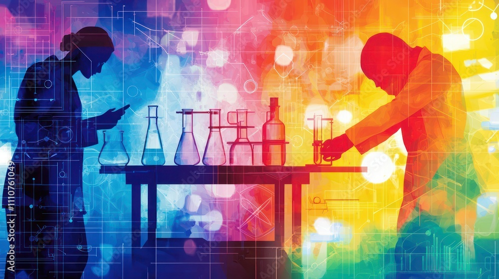 Aufkleber a colorful vector background depicting scientists working in a laboratory