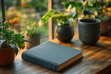 Hardcover Book on Wooden Table with Plants and Sunbeams