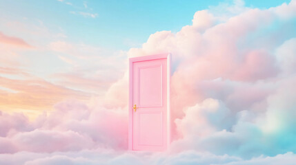 A pink door stands amidst fluffy clouds, bathed in pastel hues, evoking a dreamy, surreal atmosphere.