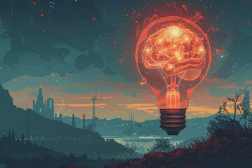 A super modern future illustration of a brain light bulb.