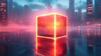 Neon Cityscape Cube: A Futuristic Render of a Glowing Cube Reflecting a Cityscape in the Evening