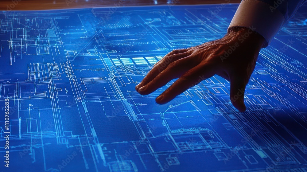 Aufkleber a detailed blueprint spread out on a table, with an architect's hand pointing to specific sections
