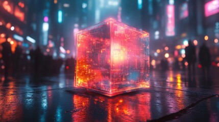 Cyberpunk Cityscape with Glowing Cube in the Night