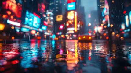 Cityscape with Neon Lights and Rain Reflections