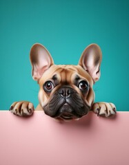 French Bulldog Peeking Over Pastel Pink Billboard with Teal Background, Cute and Funny Style