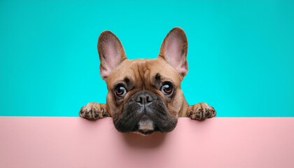 French Bulldog Peeking Over Pastel Pink Billboard with Teal Background, Cute and Funny Style