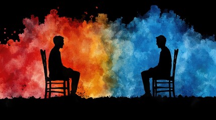 Silhouetted figures in chairs engage in a thoughtful conversation against a vibrant backdrop of red and blue paint splashes, evoking creativity