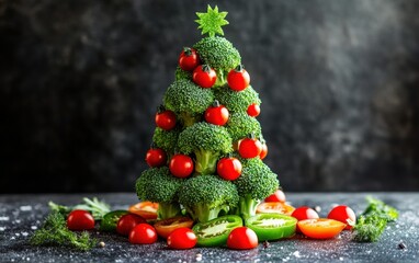 A Christmas tree formed by stacking bright green broccoli florets adorned with cherry tomatoes and slices of bell pepper as ornaments