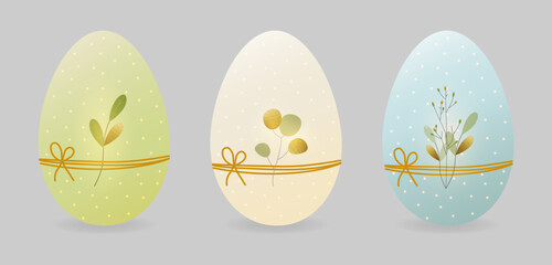 A set of Easter eggs in a delicate pastel palette: beige, blue, green, decorated with twigs of spring plants and golden elements and glow. Isolated. Vector illustration.