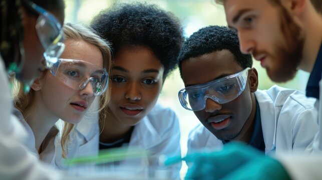 A diverse group of scientists collaborating on laboratory science projects
