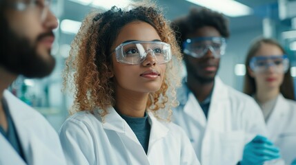 Naklejka premium A diverse group of young scientists discussing their research findings in a laboratory