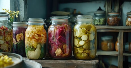 Preserved Food: Marinated Fermented and Pickled Vegetables. AI generated illustration.