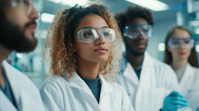 A diverse group of young scientists discussing their research findings in a laboratory