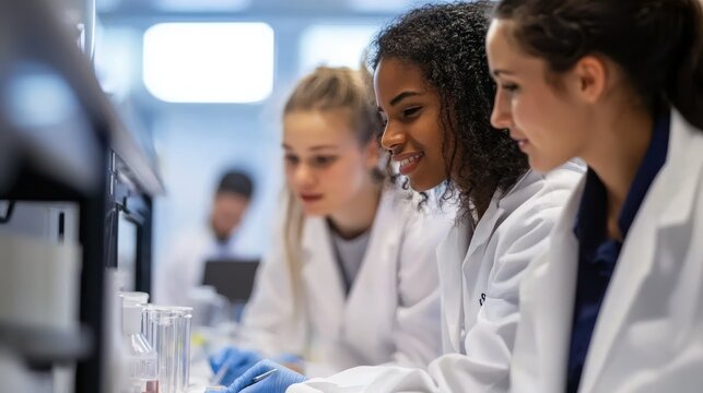 A diverse group of young scientists discussing their research findings in a laboratory