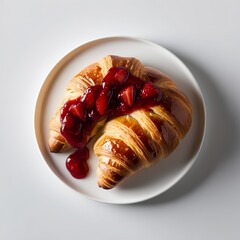 Croissants with strawberry sauce on plate on a white background 