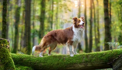 happy brown and white dog, Border Collie, stands on a moss-covered log