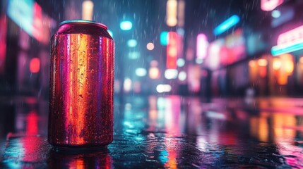 A Can of Soda in a Neon-Lit City Raining