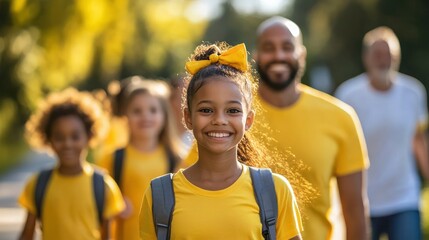 A family participating in a charity walk for childhood cancer awareness, promoting community involvement