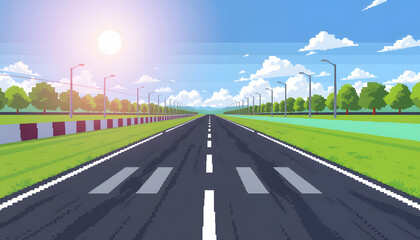 Finish and start pattern line on the sunny straight asphalt race road, pixel art