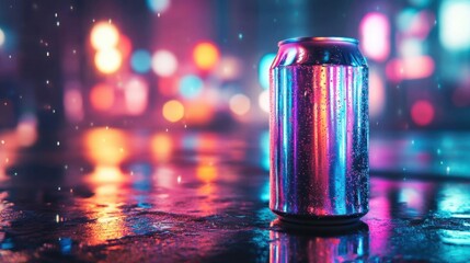 A Shiny Can Reflecting Neon Lights in a Rainy City Night