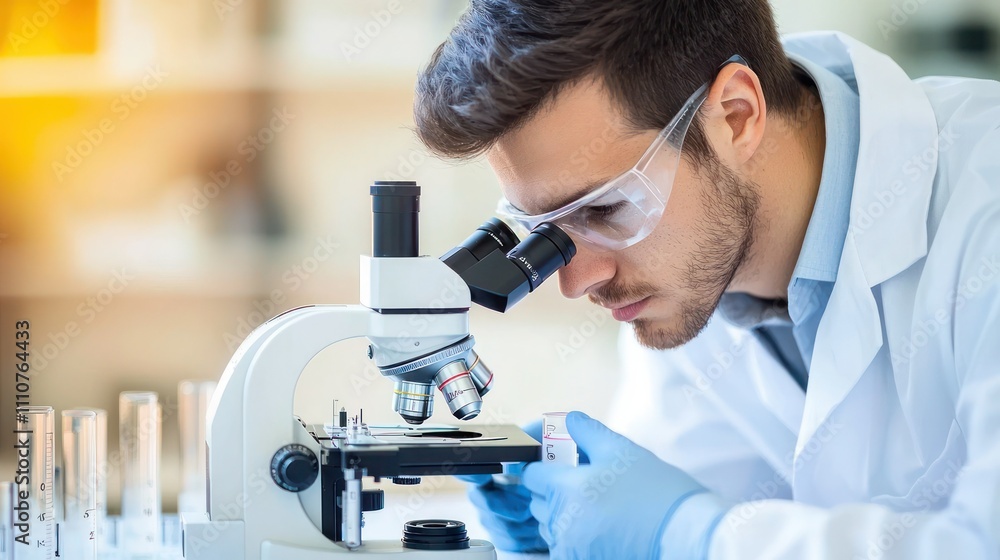Poster a focused laboratory technician analyzing samples under a microscope in a bright lab