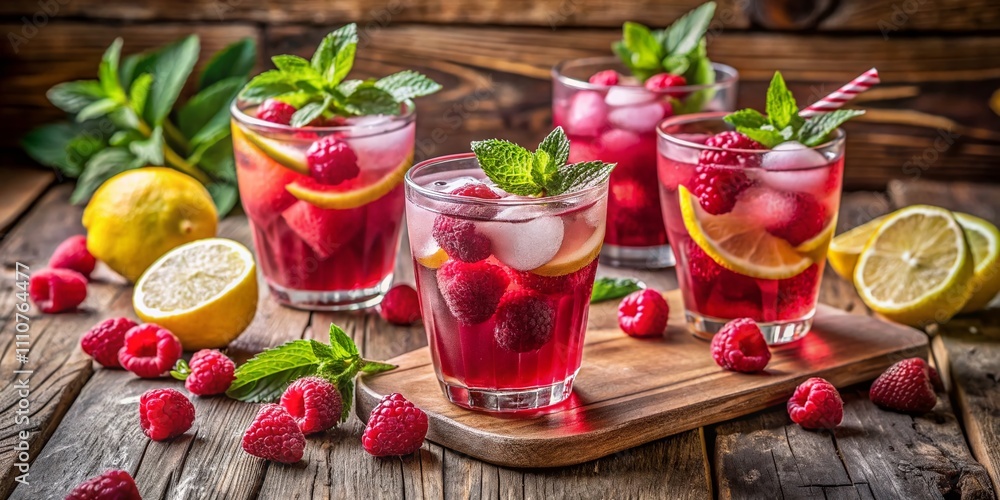 Poster refreshing glasses of raspberry lemonade with fresh mint and slices of lemon on a wooden table, perf