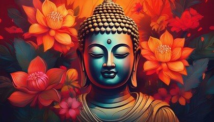 Buddha face surrounded by tropical flowers in vibrant orange and red tones