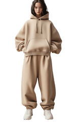 Obraz premium Beige Oversized Tracksuit Model in Studio Setting for Fashion Retailer Promotion