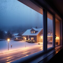 see the snowfall from inside the house through the glass window