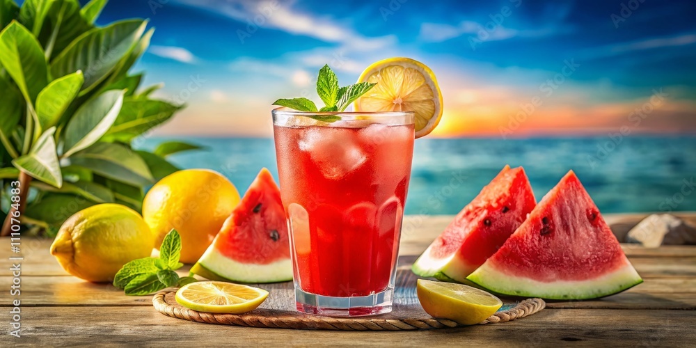 Poster refreshing red watermelon juice with lemon and ice in a summer setting captured by drone photography