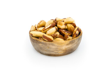 Wooden Bowl Filled With Salted Brazil Nuts Isolated on White Background
