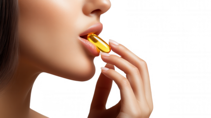 Health-Conscious Woman Taking Prescription Pill at Home With Medical Cross Watermark