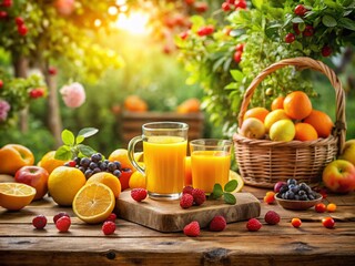 Refreshing Orange Juice Surrounded by Vibrant Fruits on a Rustic Table with a Blurred Colorful Garden Background for a Fresh and Inviting Atmosphere