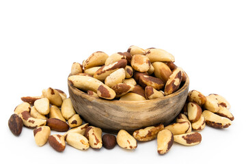 Wooden Bowl Full of Brazil Nuts on a White Background