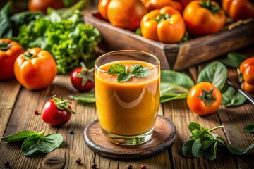 Refreshing Persimmon Smoothie in a Panoramic Setting Surrounded by Fresh Fruits and Ingredients for Healthy Living, Perfect for Seasonal Smoothie Recipes and Vibrant Food Photography