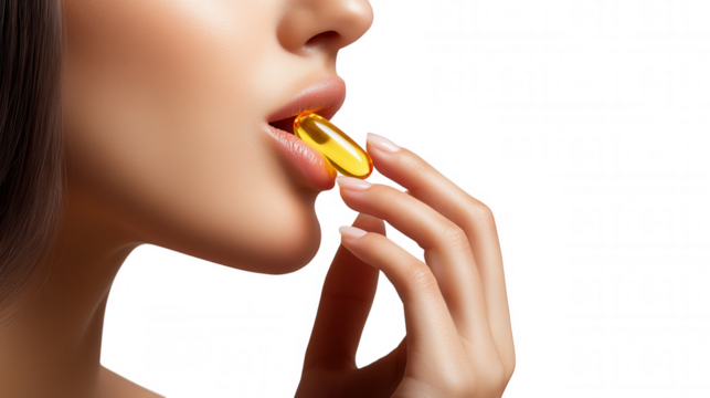 Health-Conscious Woman Taking Prescription Pill at Home With Medical Cross Watermark - Powered by Adobe