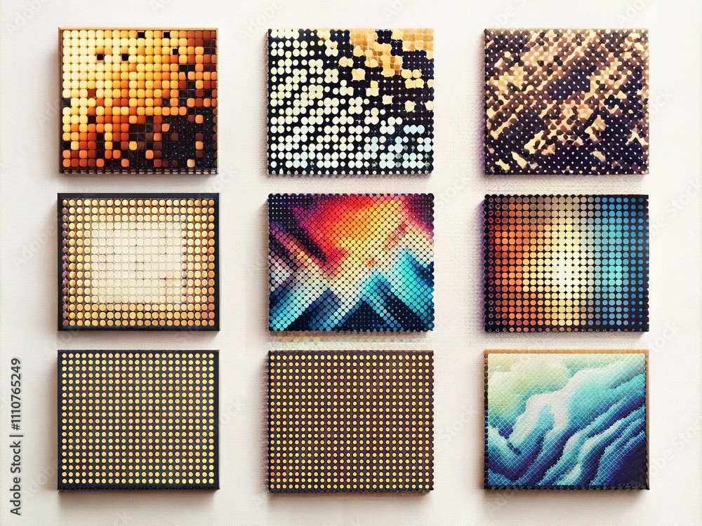 Poster retro 8-bit dither gradient squares collection showcasing various textures in black noise halftone b