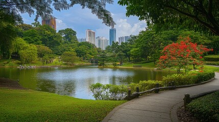 Serene park pond with city skyline view.