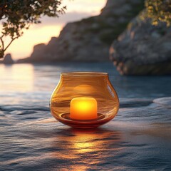 Candlelight Glows in a Glass Jar on a Rocky Beach at Sunset