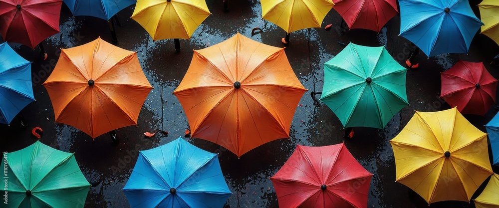 Poster a row of colorful umbrellas are open on a wet street. the umbrellas are of different colors and size