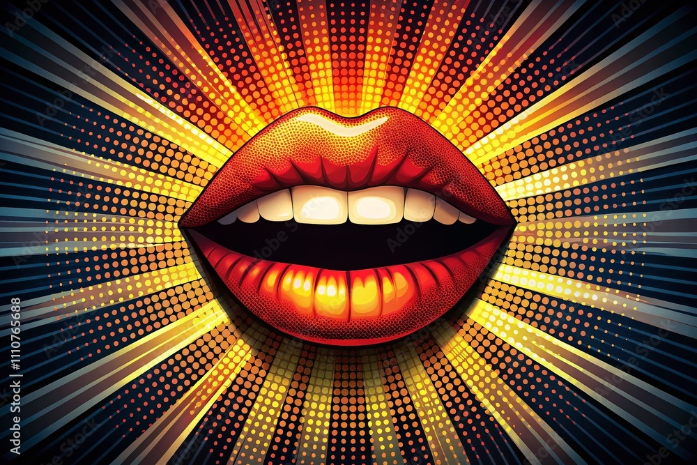 Aufkleber retro style mouth with halftone pattern sunbeams in night photography creating a unique visual exper