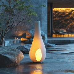 A Modern Outdoor Lantern Illuminates a Serene Zen Garden with Tranquil Lighting Design for Peaceful Relaxation