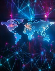 Vibrant Geometric Digital World Map with Neon Glowing Lines representing networking and connections