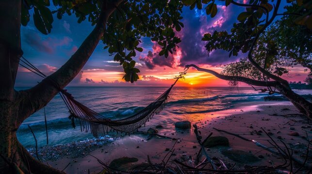 photograph of Relax enjoy the sunset in hammock on tropical beach vaction travel