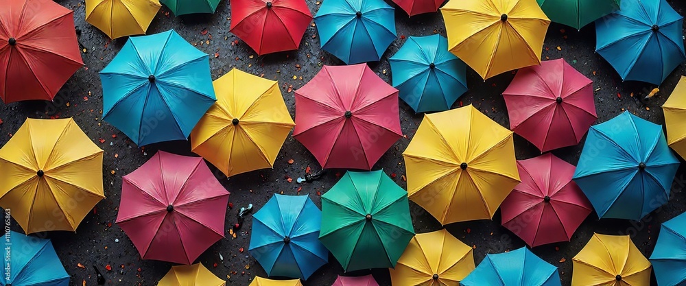 Poster a row of colorful umbrellas are open on a wet street. the umbrellas are of different colors and size
